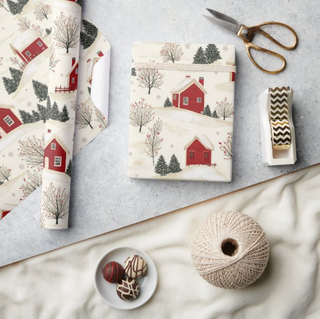 Bauernhaus Stil Rotes Winterhaus und Bäume Geschenkpapier (Kunsthandwerk)