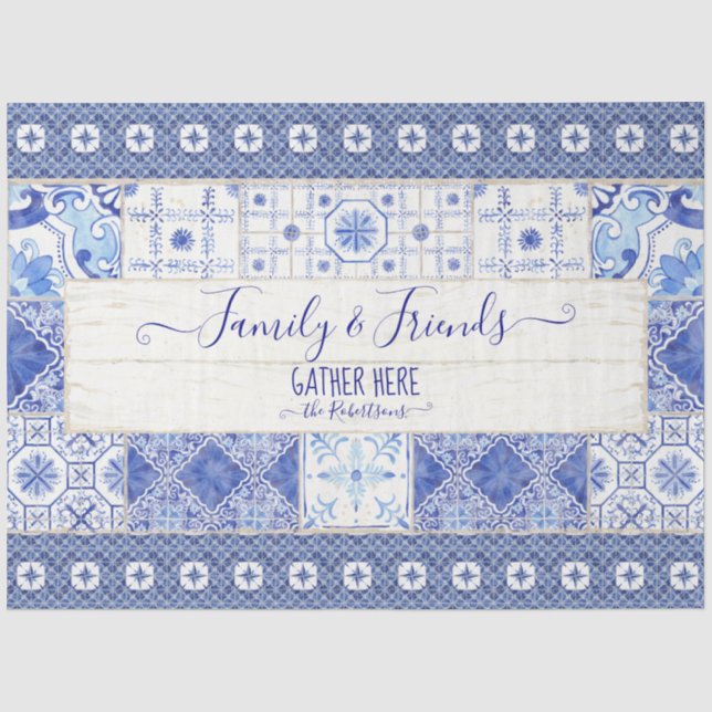 Bauernhaus Tile Blue White Family Gather Decoupage Seidenpapier (Vorderseite)