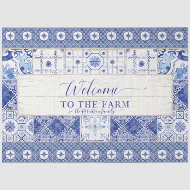 Bauernhaus Tile Blue White Rustic Holz Decoupage Seidenpapier (Vorderseite)