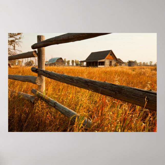 Bauernhaus und Eisenbahnzaun in Grand Teton Poster (Vorne)
