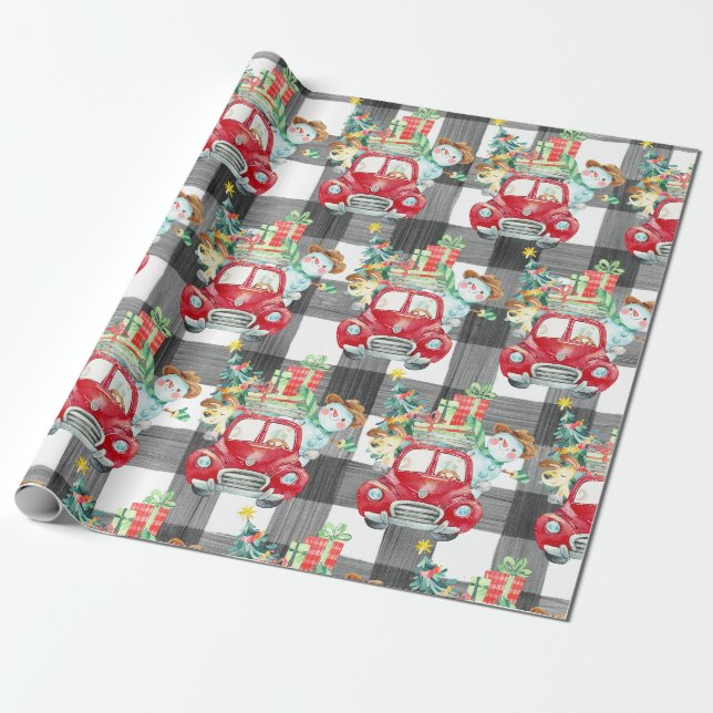Bauernhaus Weihnachten Vintager roter LKW und kari Geschenkpapier (Ungerollt)