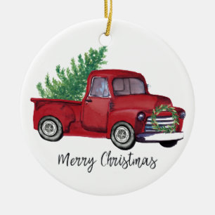 Bauernhaus-WeihnachtsAquarell-Rot-LKW Keramik Ornament