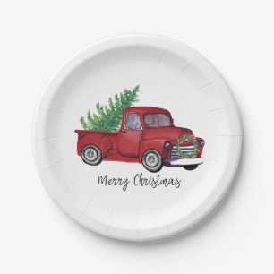 Bauernhaus-WeihnachtsAquarell-Rot-LKW Pappteller