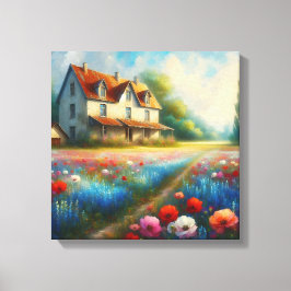 Bauernhof auf einem Feld von Blume Leinwanddruck