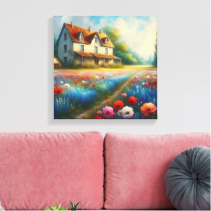Bauernhof auf einem Feld von Blume Leinwanddruck