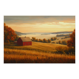 Bauernhof bei Sonnenaufgang mit sanften Hügeln Poster