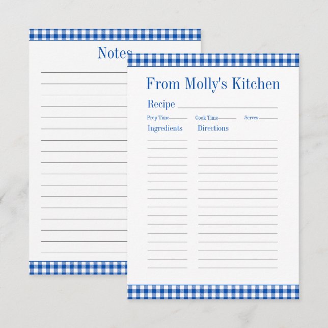 Bauernhof Blau und Weiß Gingham Karierte Rezept Mitteilungskarte (Vorne/Hinten)