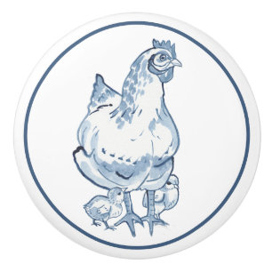 Bauernhof Blue & White Chicken Hen Chicks Delft Keramikknauf