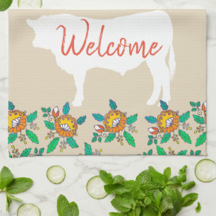 Bauernhof Bulle Cow Silhouette & Country Blume Geschirrtuch
