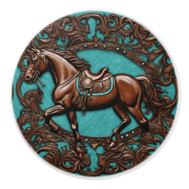 Bauernhof Cowboy Western Land Türkis Brown Pferd Keramikknauf (Vorderseite)