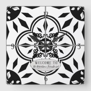 Bauernhof Damask Tile Muster Holzfamilie Name Quadratische Wanduhr