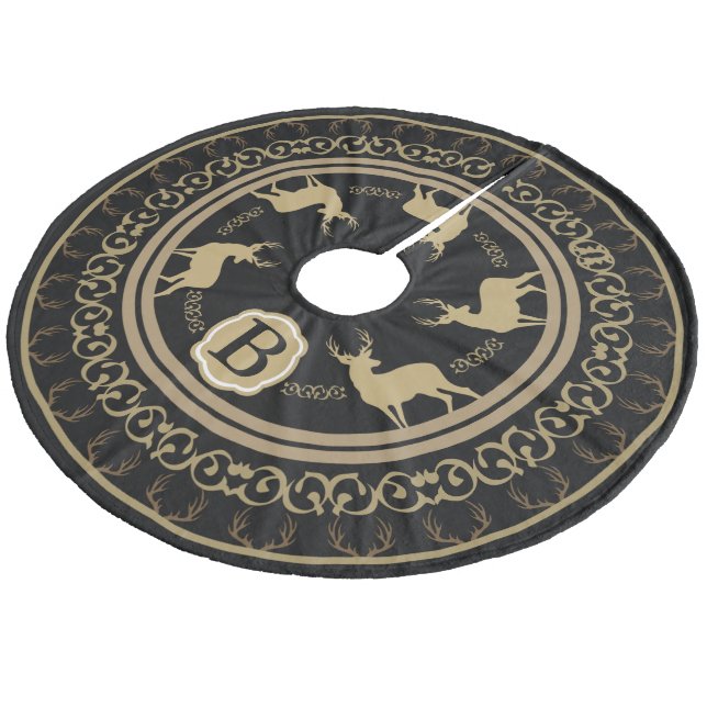 Bauernhof Glam Black & Taupe Deer Antlers & Bucks Fleece Weihnachtsbaumdecke (Schrägansicht)