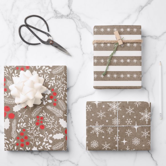Bauernhof Holly Berries White Rustic Kraft Geschenkpapier Set (Vorderseite)