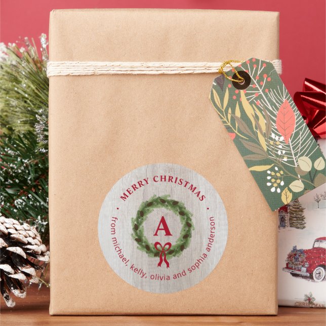 Bauernhof Kiefernwüste Monogramm Frohe Weihnachten Runder Aufkleber (Feiertag)