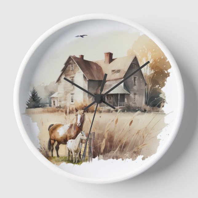 Bauernhof Land Aquarell Landtiere Küche Uhr (Vorderseite)