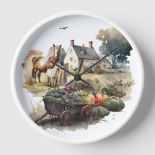 Bauernhof Land Aquarellfarm Tiere und Pflanzen Uhr