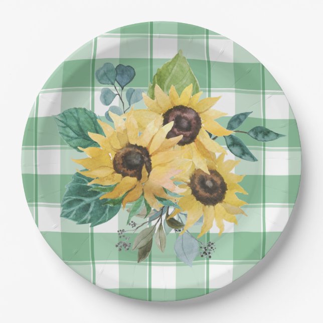 Bauernhof Land Sonnenblumen Grüne Karos Pappteller (Vorderseite)