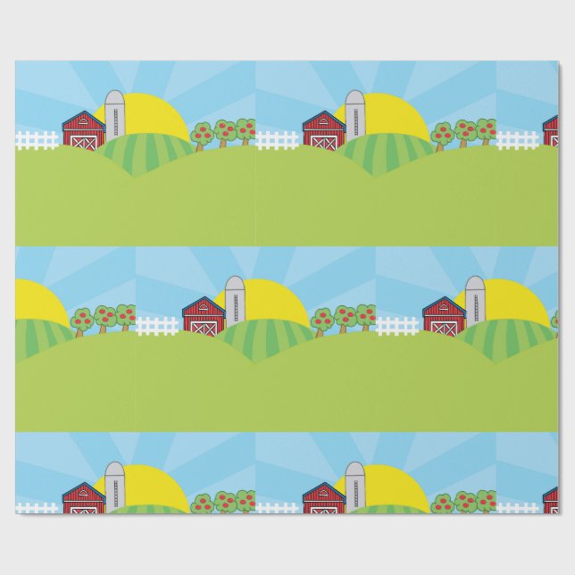 Bauernhof Landschaft Rote Scheune Silo Apfelbäume Geschenkpapier (Flach)