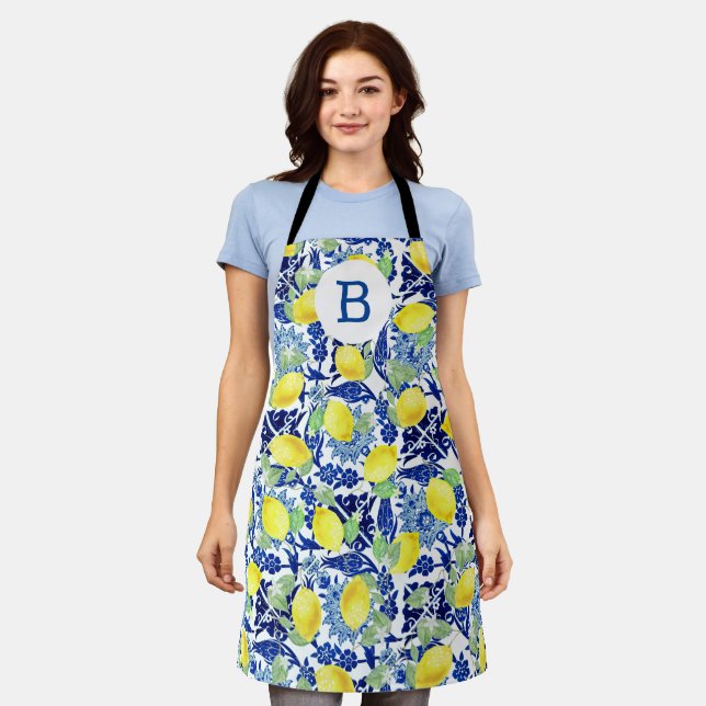 Bauernhof Lemons & Blue Floral Monogramm Schürze (Getragen)