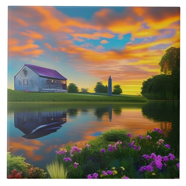 Bauernhof Lila Dachteich bei Sonnenaufgang Fliese (Vorderseite)