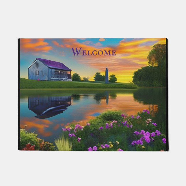 Bauernhof Lila Dachteich bei Sonnenaufgang Fußmatte (Vorderseite)
