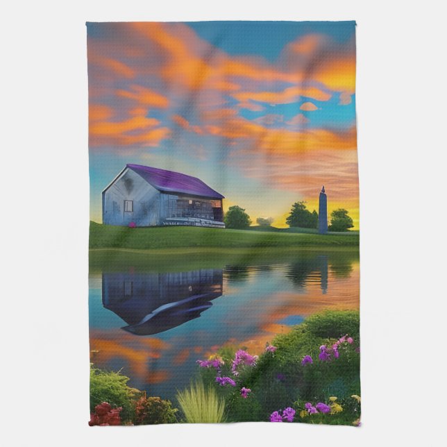 Bauernhof Lila Dachteich bei Sonnenaufgang Geschirrtuch (Vertikal)