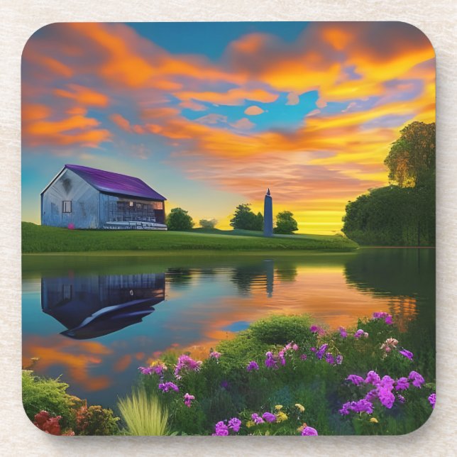 Bauernhof Lila Dachteich bei Sonnenaufgang Getränkeuntersetzer (Vorderseite)