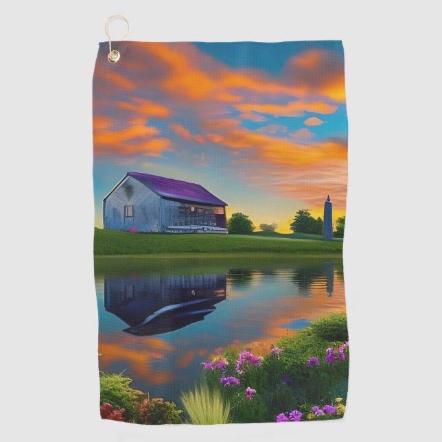Bauernhof Lila Dachteich bei Sonnenaufgang Golfhandtuch (Vorderseite)