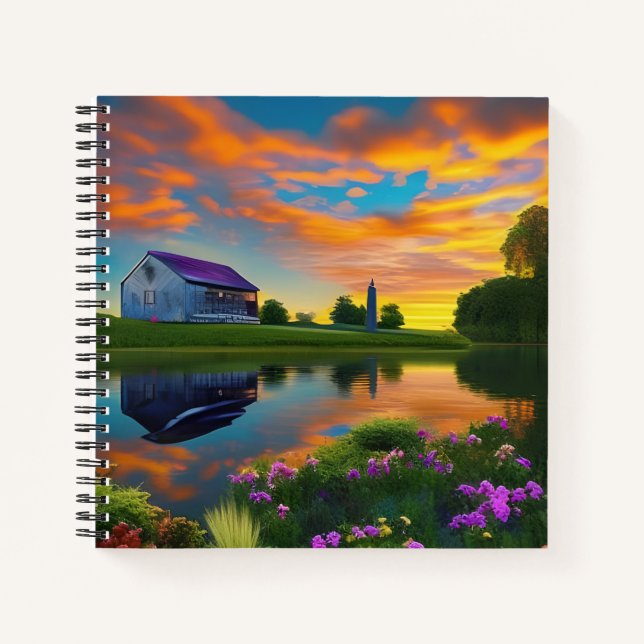 Bauernhof Lila Dachteich bei Sonnenaufgang Notizbuch (Vorderseite)