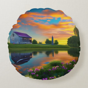 Bauernhof Lila Dachteich bei Sonnenaufgang Rundes Kissen