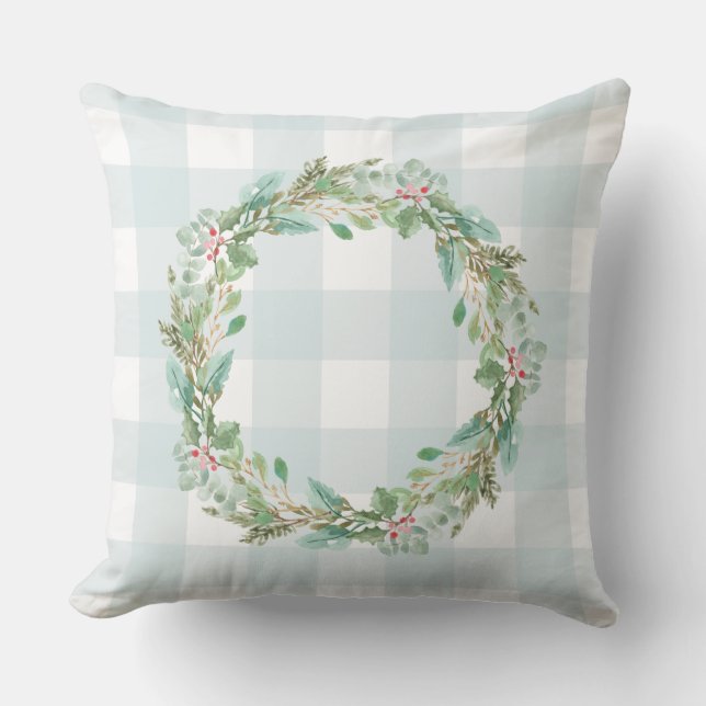 Bauernhof Pastel Blauer Karo Karierter Weihnachtsb Kissen (Vorderseite)