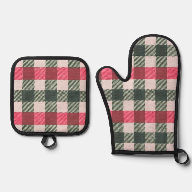Bauernhof Rot und Grün Gingham Ofenhandschuh & Topflappen-Set (Vorderseite)