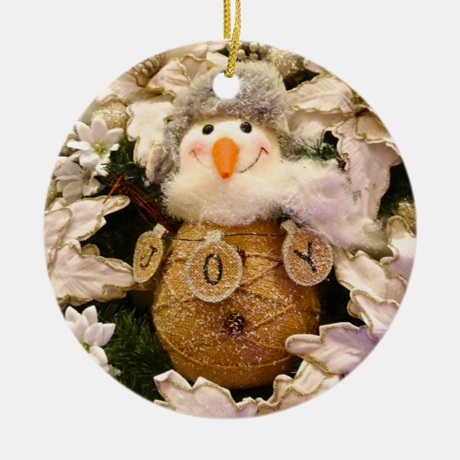 Bauernhof Rustic Burlap Snowman Poinsettia Holiday Keramik Ornament (Vorne)