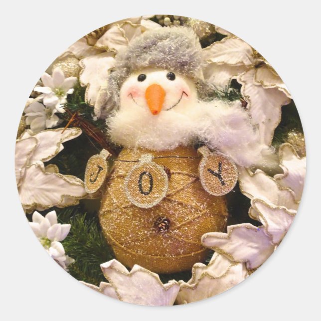 Bauernhof Rustic Burlap Snowman Poinsettia Holiday Runder Aufkleber (Vorderseite)