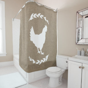 Bauernhof Rustic Imitats Burlap Laurels White Hen Duschvorhang