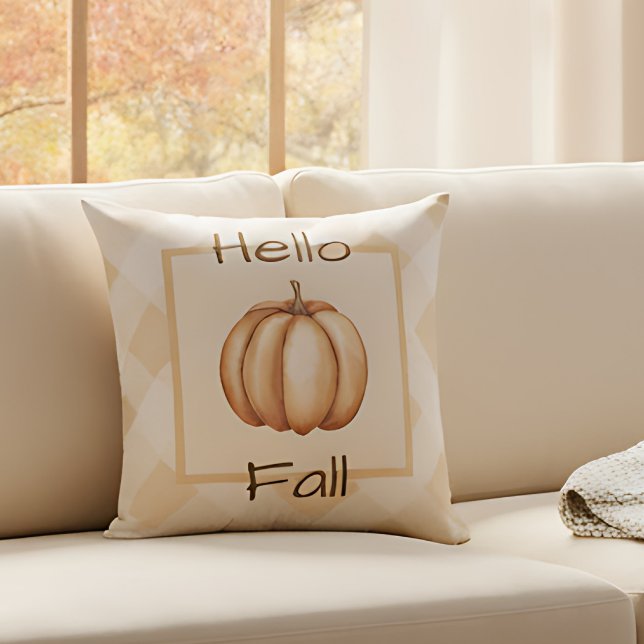 Bauernhof Rustic Pumpkin Fall Wohngestaltung Akzen Kissen (Autumn pumpkin pillow on a cozy living room sofa.)