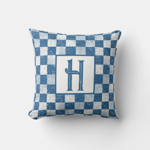 Bauernhof Rustikale Karos, Monogramm, Blau, Weiß Kissen