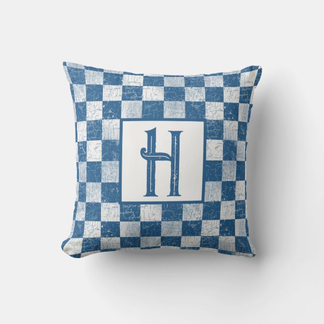 Bauernhof Rustikale Karos, Monogramm, Blau, Weiß Kissen (Vorderseite)