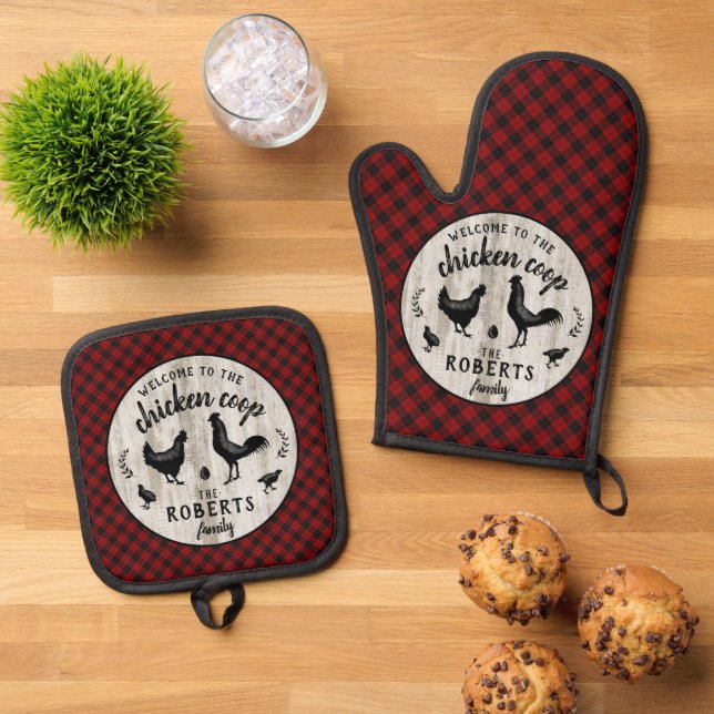 Bauernhof Rustikales Kariertes Holzhühnchen Coop C Ofenhandschuh & Topflappen-Set (Oben Unten)