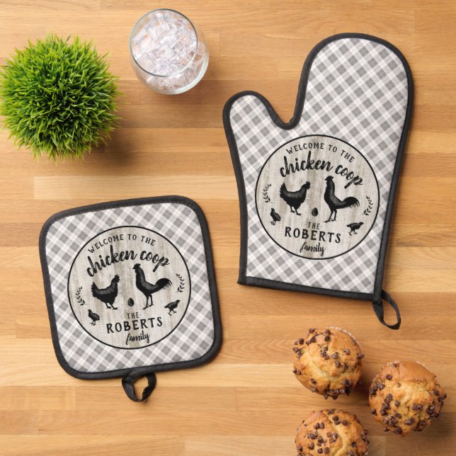 Bauernhof Rustikales Kariertes Holzhühnchen Coop C Ofenhandschuh & Topflappen-Set (Oben Unten)