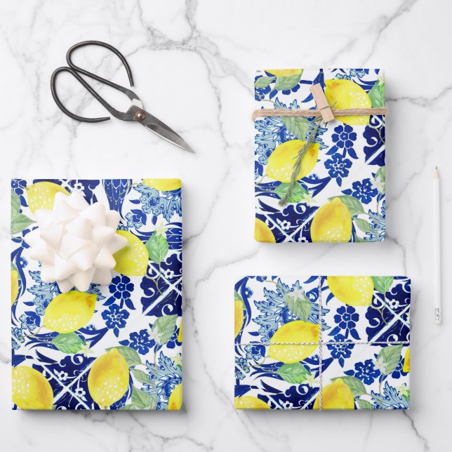 Bauernhof Rustikales Land Zitronen Blauer Flur Geschenkpapier Set (Vorderseite)