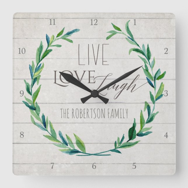 Bauernhof Shiplap Holz Rustikale Leaf Kranz Famili Quadratische Wanduhr (Vorderseite)