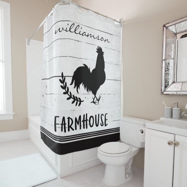 Bauernhof Stil Holz Rooster Familienname Duschvorhang (Beispiel)