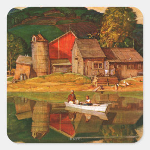 Bauernhof-Teich-Landschaft durch Met Schaeffer Quadratischer Aufkleber