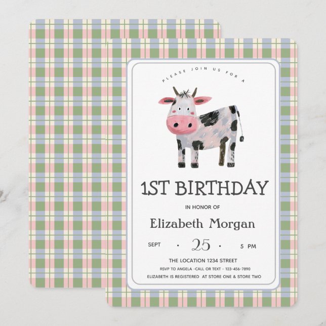 Bauernhof Tier Kuh Gingham Einladung (Vorne/Hinten)