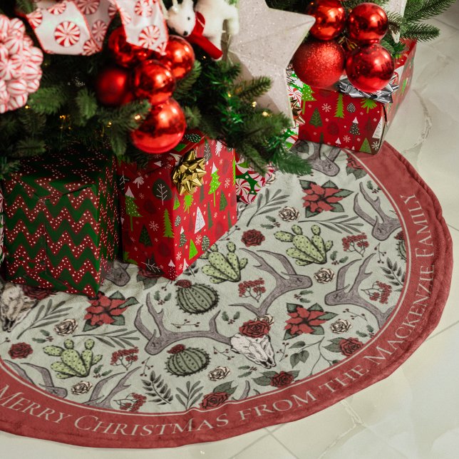 Bauernhof Weihnachten Blumentauber Schädel Antler Polyester Weihnachtsbaumdecke (Custom Southwestern Christmas Tree Skirt. Chic Deer Skull, Antlers, Red Roses, Cacti & Poinsettias.)