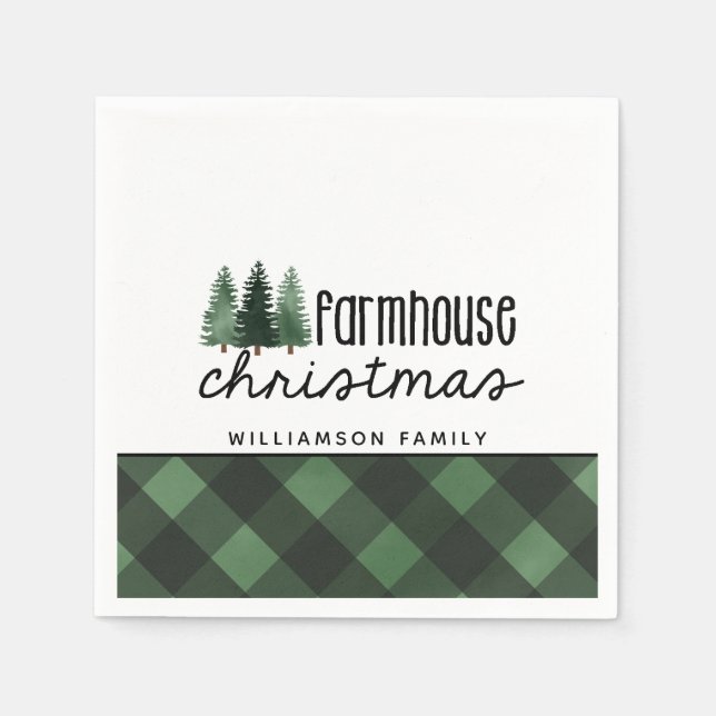 Bauernhof Weihnachten Grün Kariert Familienname Serviette (Vorderseite)