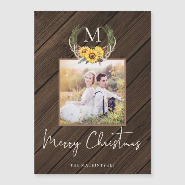 Bauernhof Weihnachten Sonnenblumen Monogram Foto Magnetkarte (Vorderseite)
