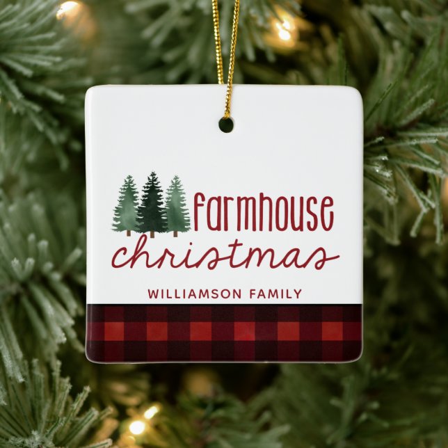 Bauernhof Weihnachts Buffalo Kariert Name Foto Keramikornament (Baum)