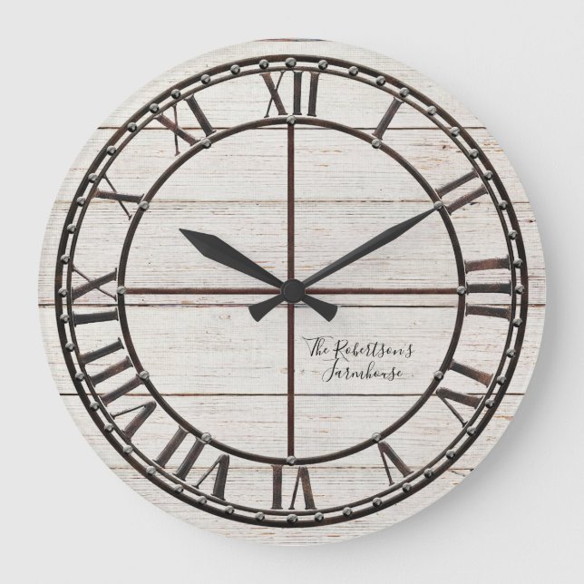 Bauernhof Weiße Werft Holz Rustikale Landschaft Ku Große Wanduhr (Vorderseite)